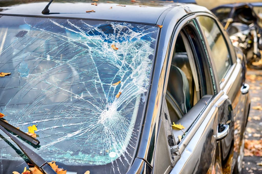 Car with a severely cracked windshield and shattered side window, with fallen autumn leaves scattered across the vehicle.